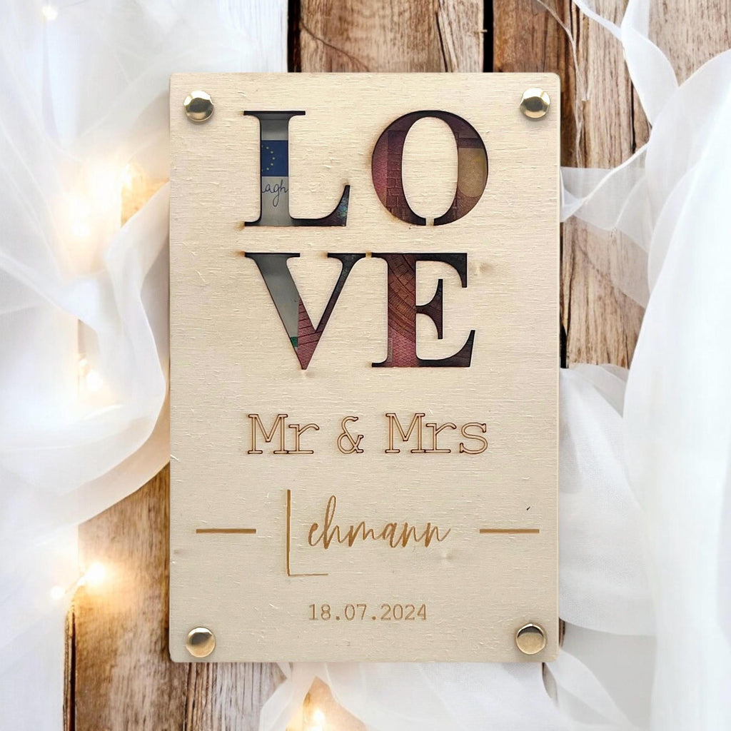 Geldgeschenk Hochzeit aus Holz | Personalisiertes Hochzeitsgeschenk mit Namen & Datum | Geschenk für Richtfest Reisekasse Hausbau Umzug