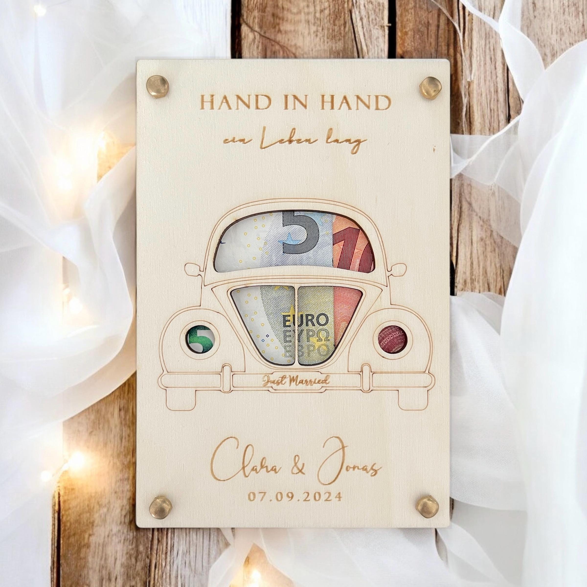 Geldgeschenk Hochzeit aus Holz | Personalisiertes Hochzeitsgeschenk mit Namen & Datum | Geschenk für Richtfest Reisekasse Hausbau Umzug