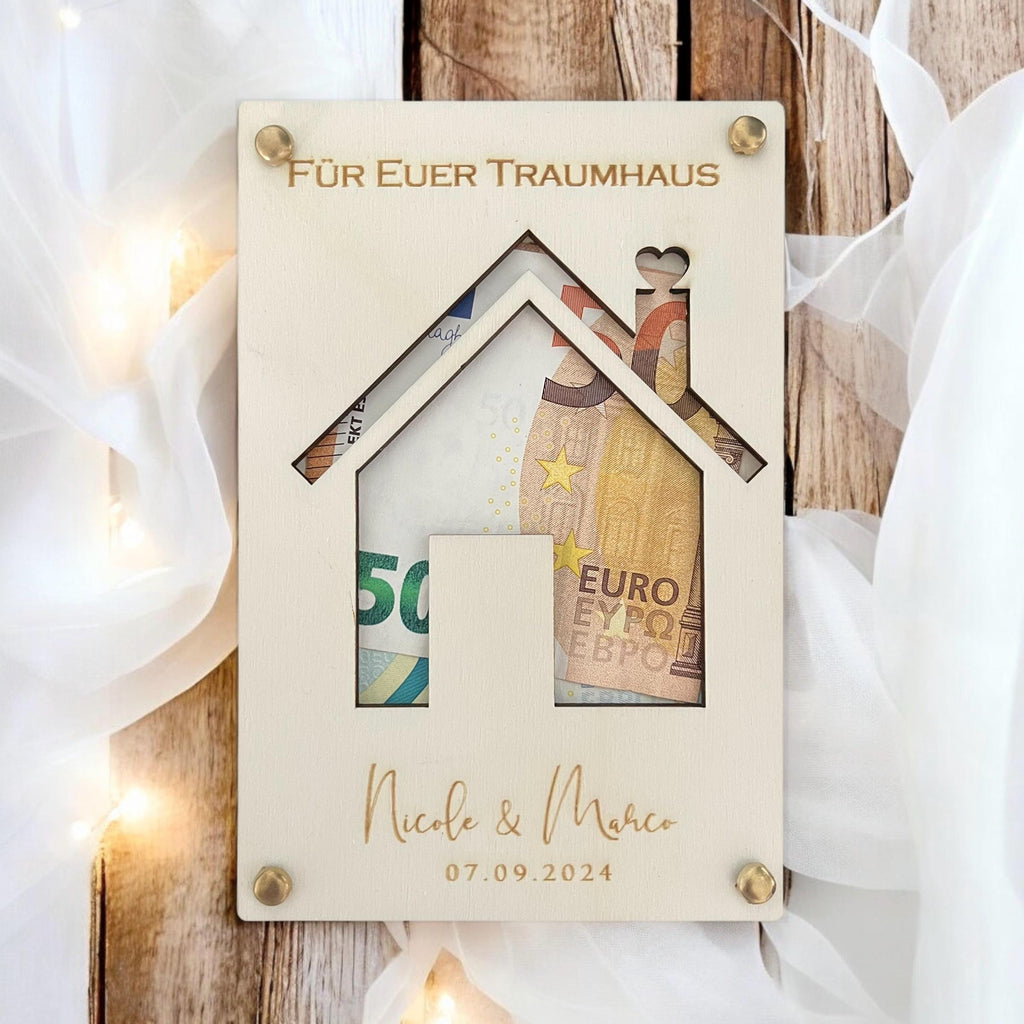 Geldgeschenk Hochzeit aus Holz | Personalisiertes Hochzeitsgeschenk mit Namen & Datum | Geschenk für Richtfest Reisekasse Hausbau Umzug