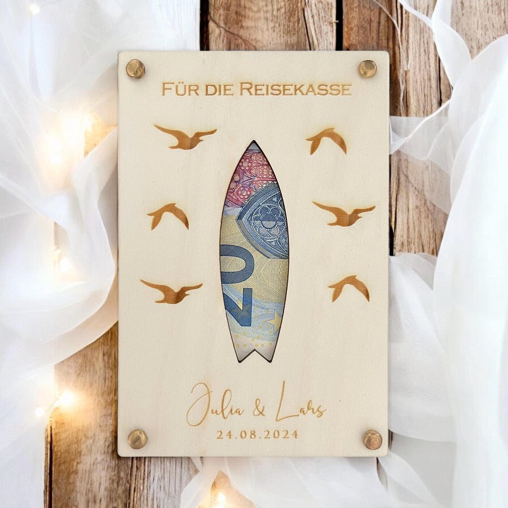 Geldgeschenk Hochzeit aus Holz | Personalisiertes Hochzeitsgeschenk mit Namen & Datum | Geschenk für Richtfest Reisekasse Hausbau Umzug