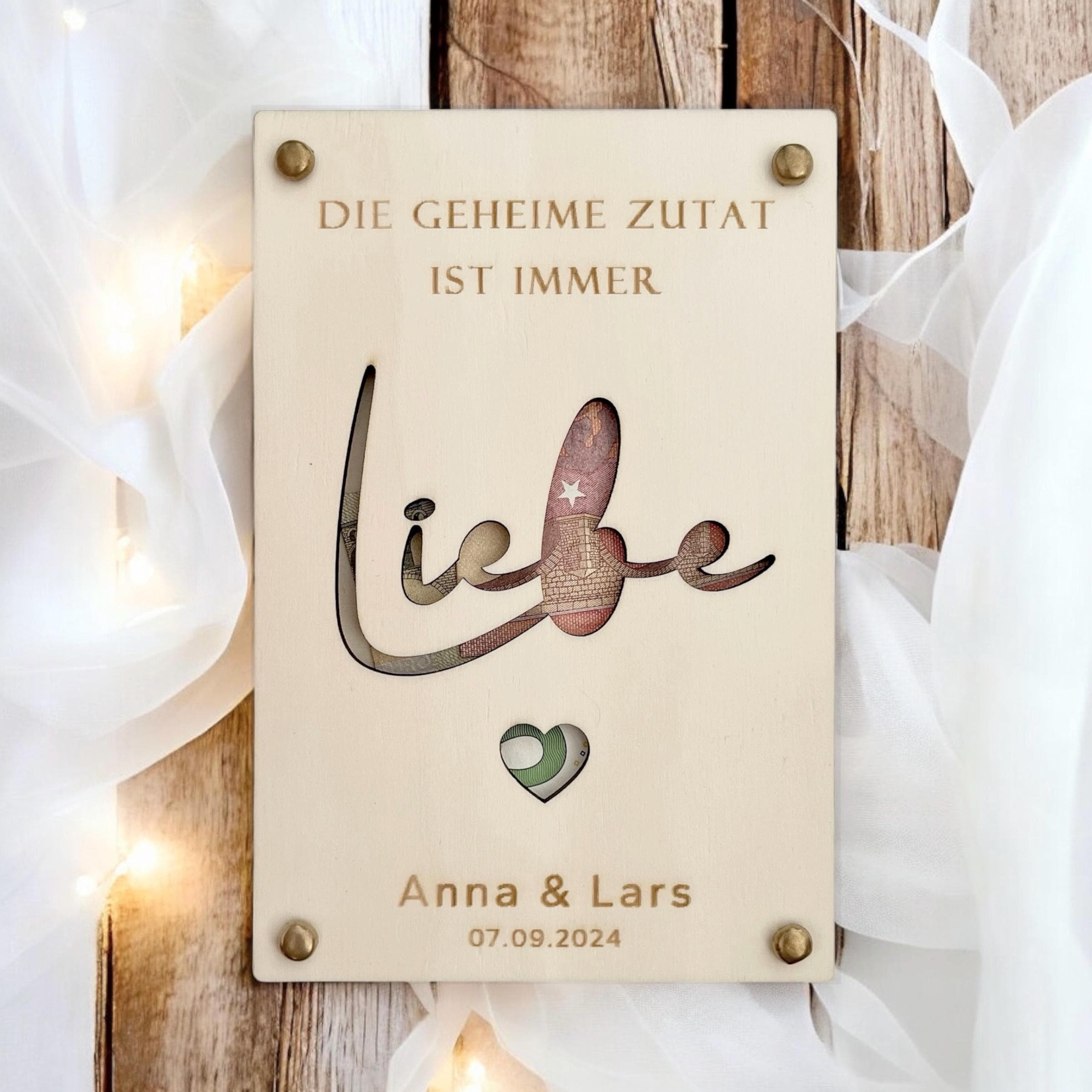 Geldgeschenk Hochzeit aus Holz | Personalisiertes Hochzeitsgeschenk mit Namen & Datum | Geschenk für Richtfest Reisekasse Hausbau Umzug