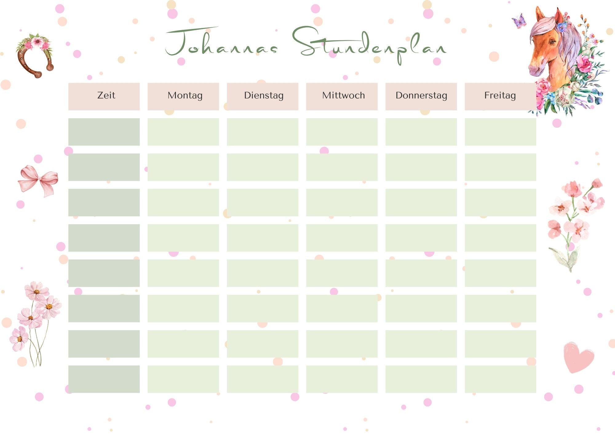 Stundenplan mit Name personalisiert Pferd pastell Geschenk Einschulung Schultüte Schulkind 2026 | PDF in A4 zum Ausdrucken digital