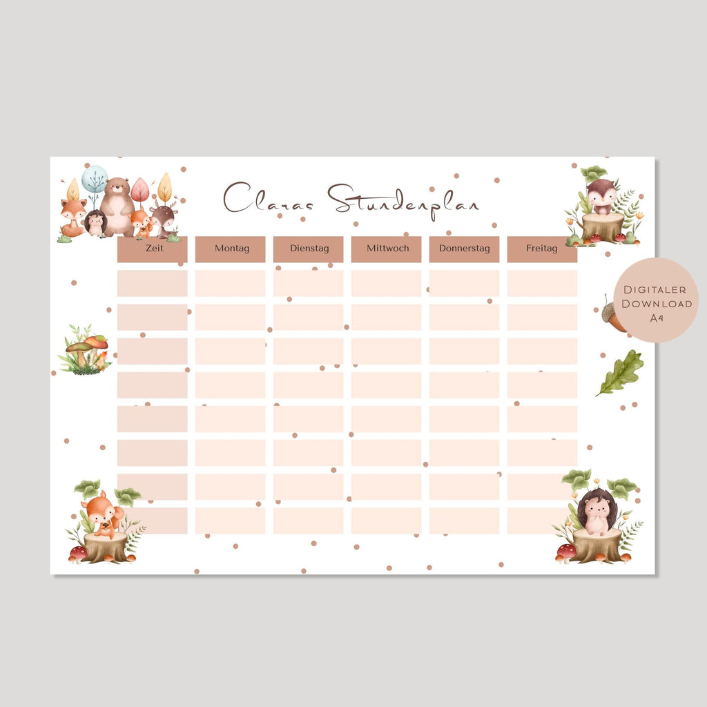 Stundenplan mit Name personalisiert Waldtiere Reh Fuchs Igel Geschenk Einschulung Schultüte Schulkind 2026 PDF in A4 zum Ausdrucken digital