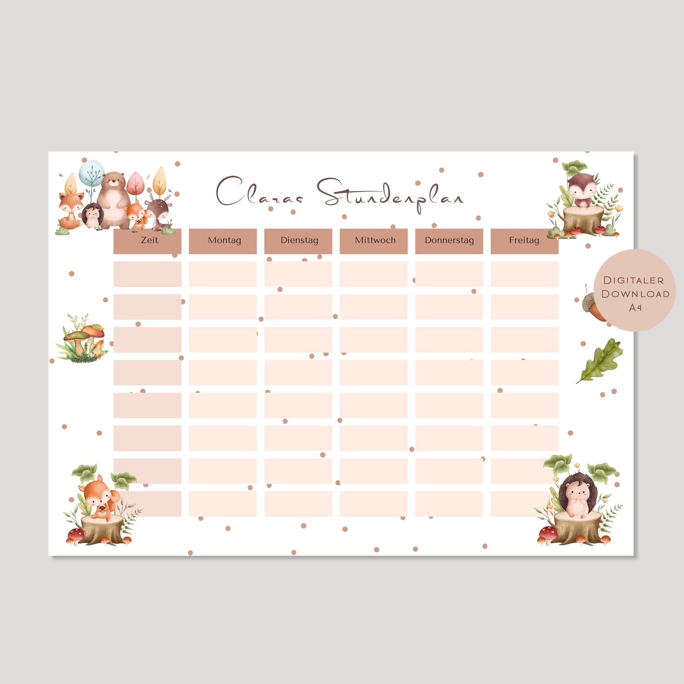 Stundenplan mit Name personalisiert Waldtiere Reh Fuchs Igel Geschenk Einschulung Schultüte Schulkind 2026 PDF in A4 zum Ausdrucken digital