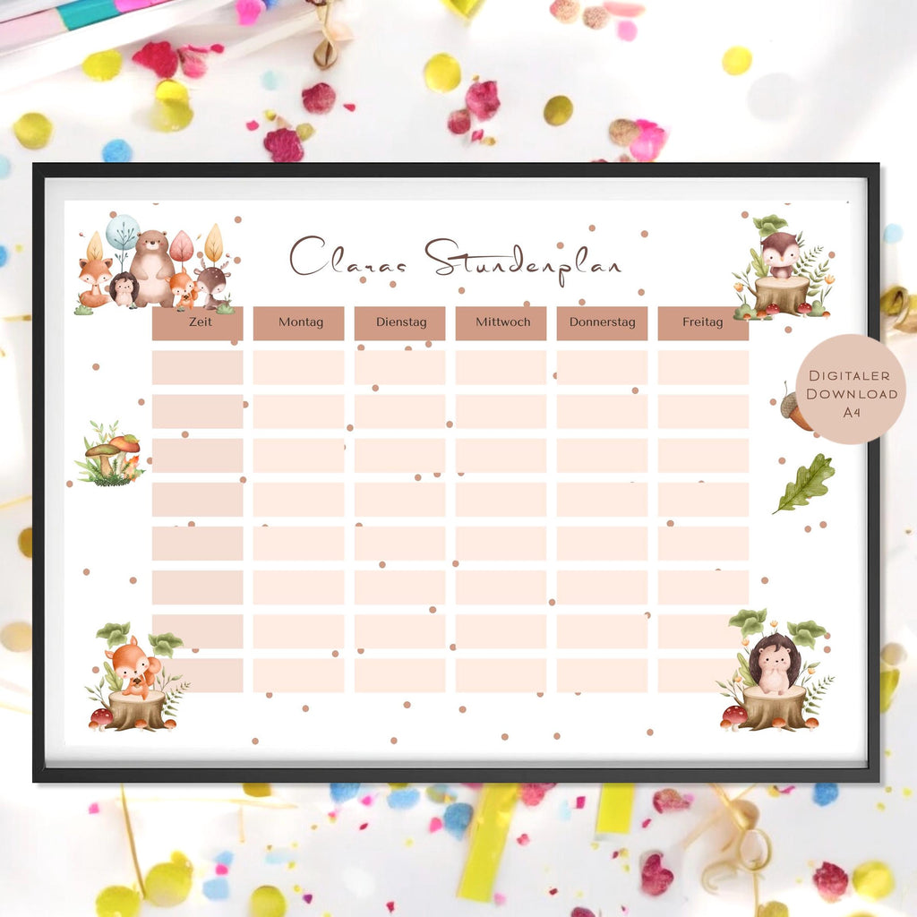 Stundenplan mit Name personalisiert Waldtiere Reh Fuchs Igel Geschenk Einschulung Schultüte Schulkind 2026 PDF in A4 zum Ausdrucken digital