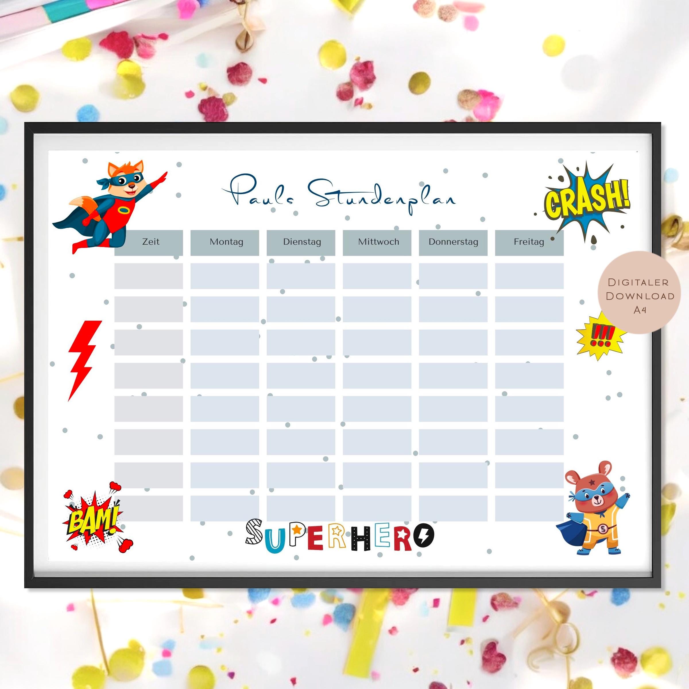 Stundenplan mit Name personalisiert Superheld Junge Geschenk Einschulung Schultüte Schulkind 2026 PDF in A4 zum Ausdrucken digital