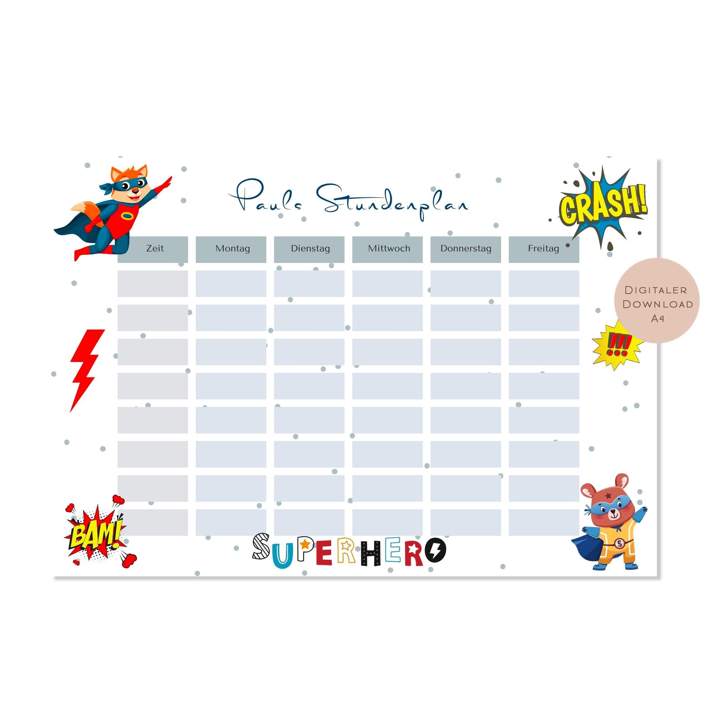Stundenplan mit Name personalisiert Superheld Junge Geschenk Einschulung Schultüte Schulkind 2026 PDF in A4 zum Ausdrucken digital