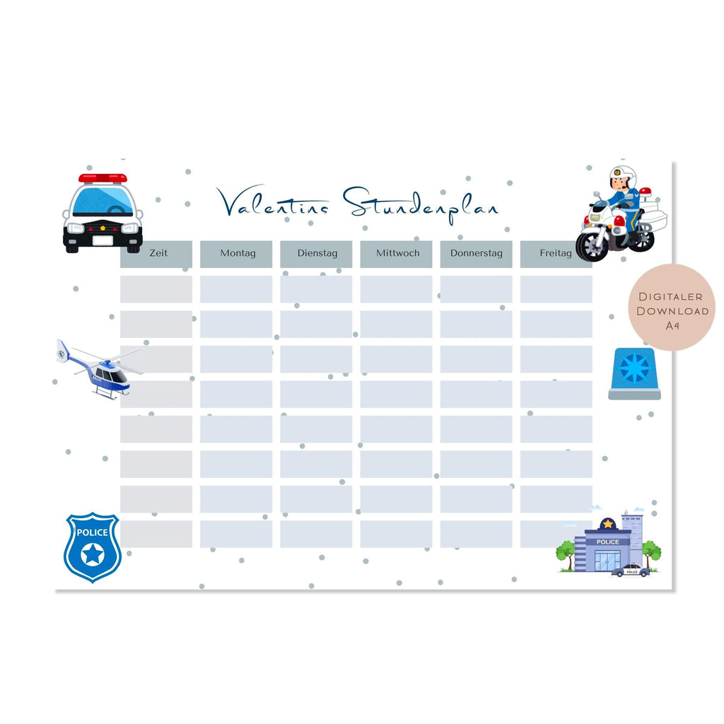 Stundenplan mit Name personalisiert Polizei Junge Geschenk Einschulung Schultüte Schulkind 2026 PDF in A4 zum Ausdrucken digital