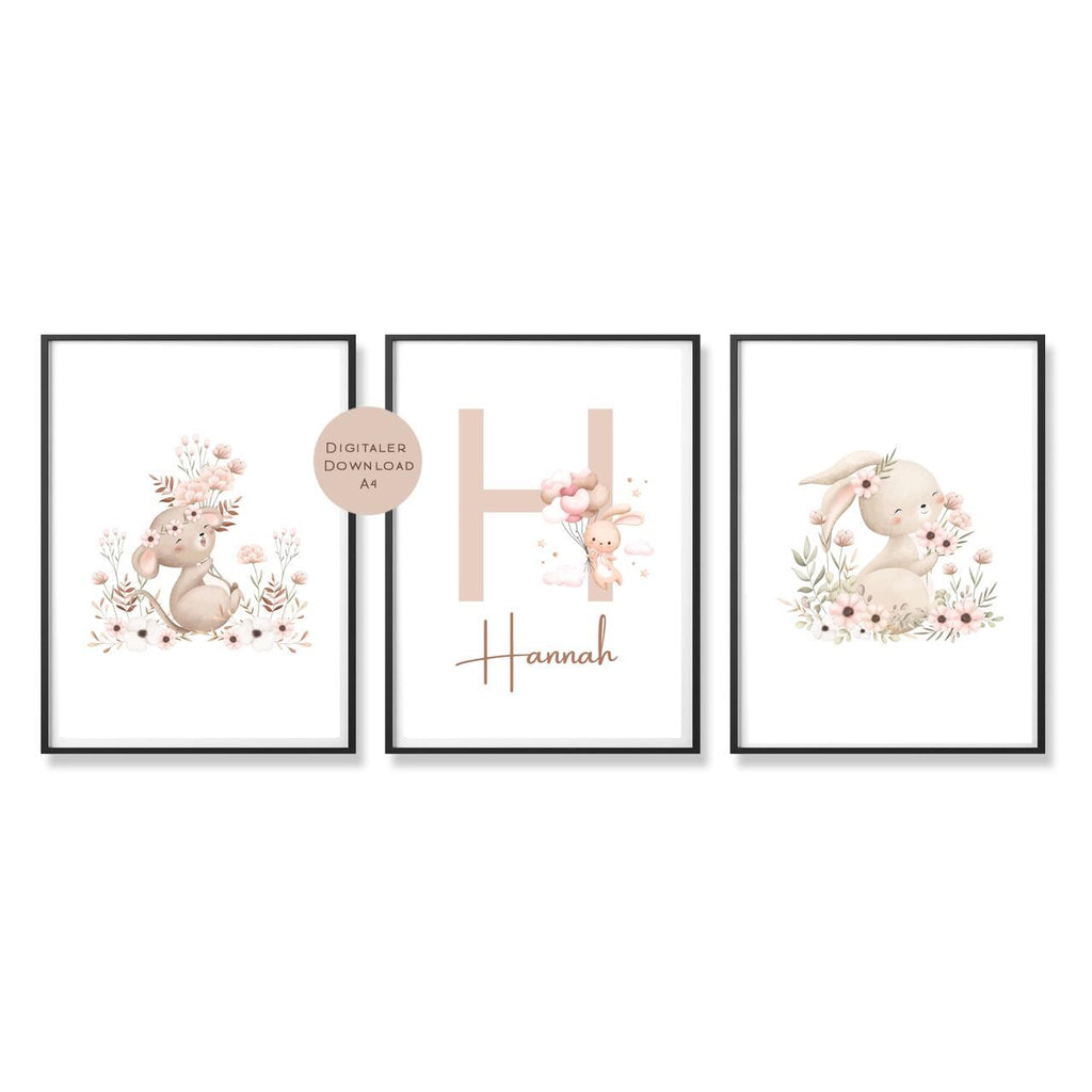 3er Set Poster Bild Hase Name personalisert Initial Geschenk Geburt Geburtstag Kinderzimmer Babyzimmer Hase PDF in A4 zum Ausdrucken digital
