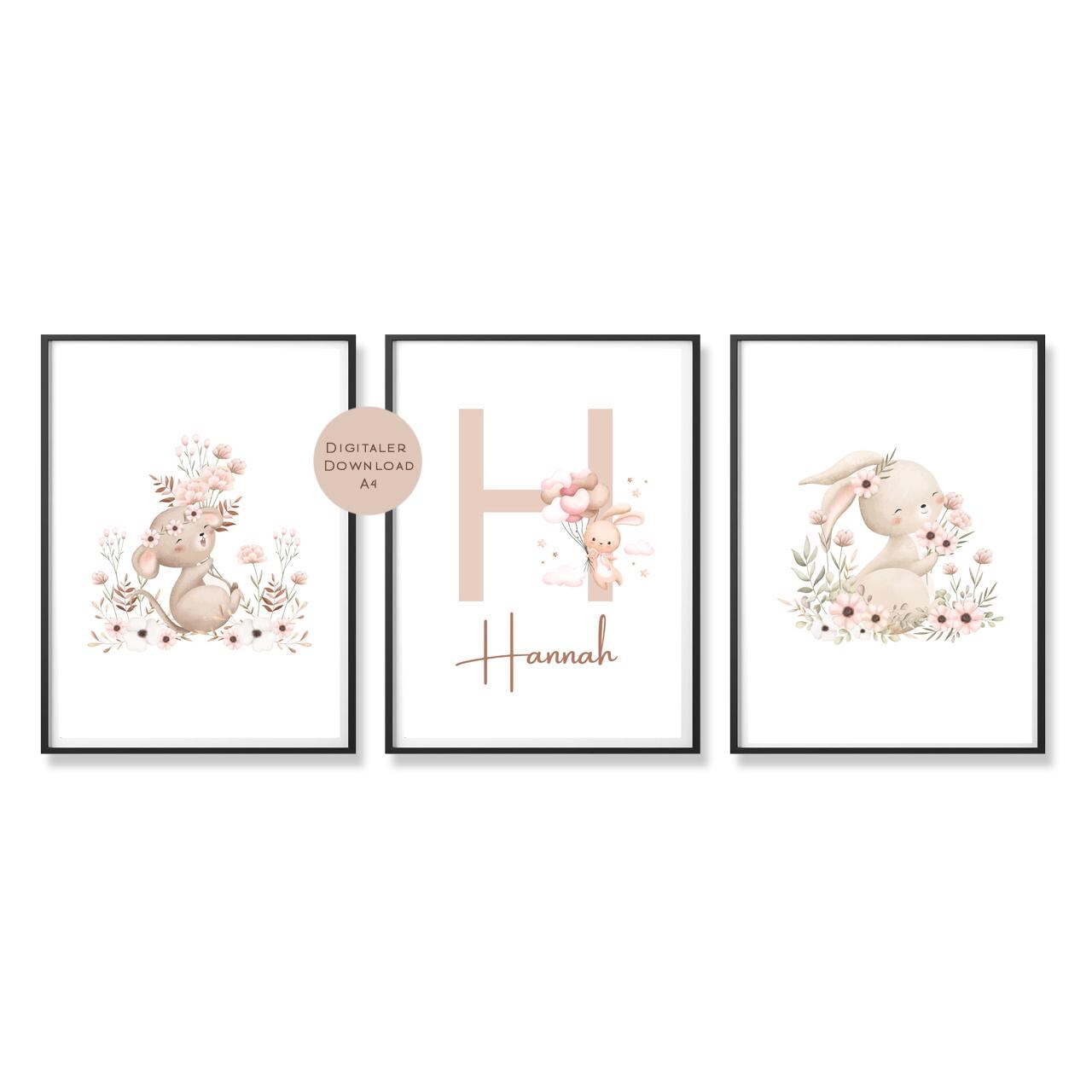 3er Set Poster Bild Hase Name personalisert Initial Geschenk Geburt Geburtstag Kinderzimmer Babyzimmer Hase PDF in A4 zum Ausdrucken digital