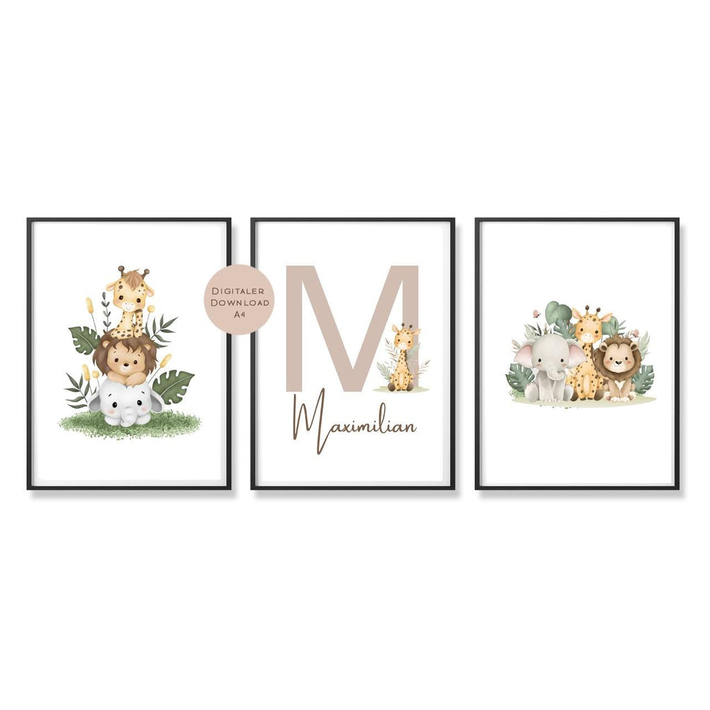 3er Set Poster Bild Tiere Elefant Löwe Giraffe Name personalisert Geschenk Geburt Geburtstag Kinderzimmer PDF A4 zum Ausdrucken digital