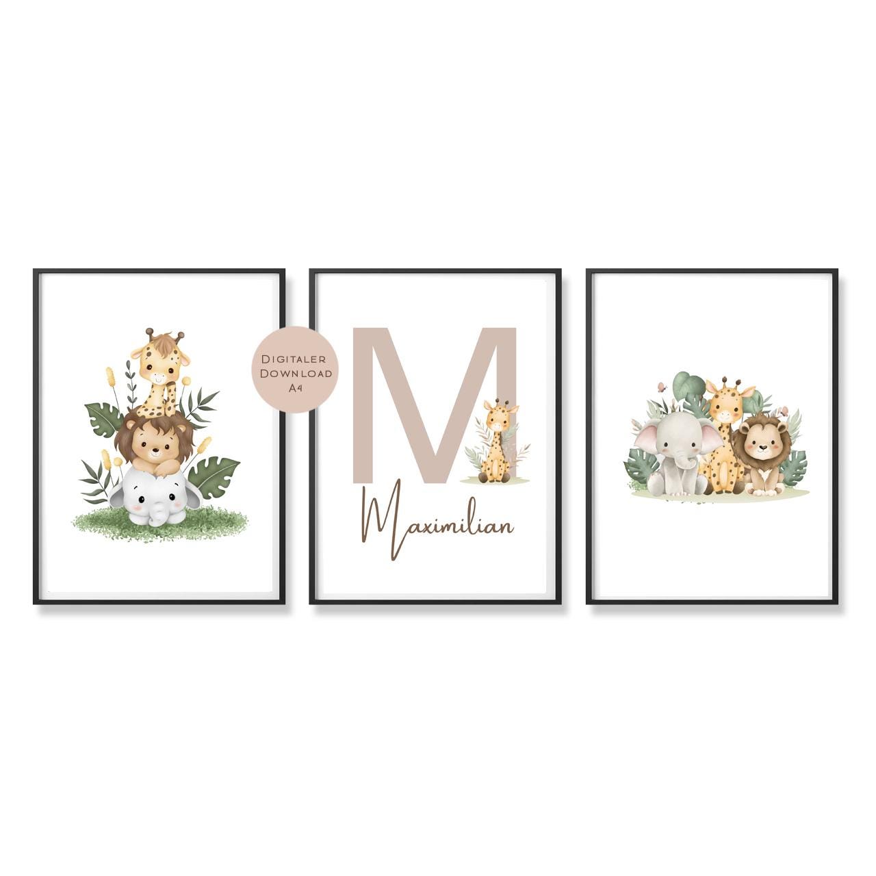 3er Set Poster Bild Tiere Elefant Löwe Giraffe Name personalisert Geschenk Geburt Geburtstag Kinderzimmer PDF A4 zum Ausdrucken digital