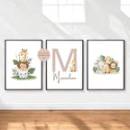 3er Set Poster Bild Tiere Elefant Löwe Giraffe Name personalisert Geschenk Geburt Geburtstag Kinderzimmer PDF A4 zum Ausdrucken digital