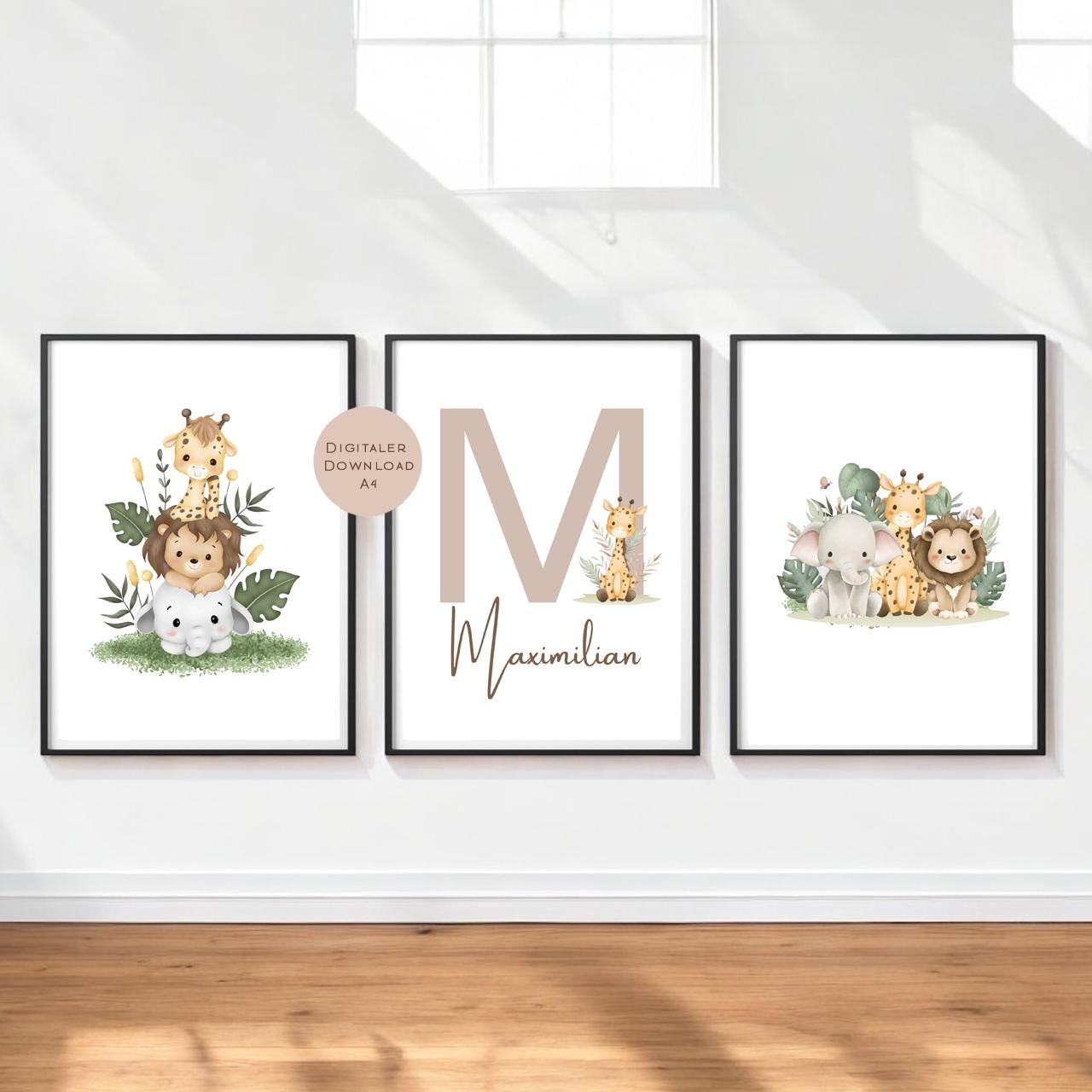 3er Set Poster Bild Tiere Elefant Löwe Giraffe Name personalisert Geschenk Geburt Geburtstag Kinderzimmer PDF A4 zum Ausdrucken digital
