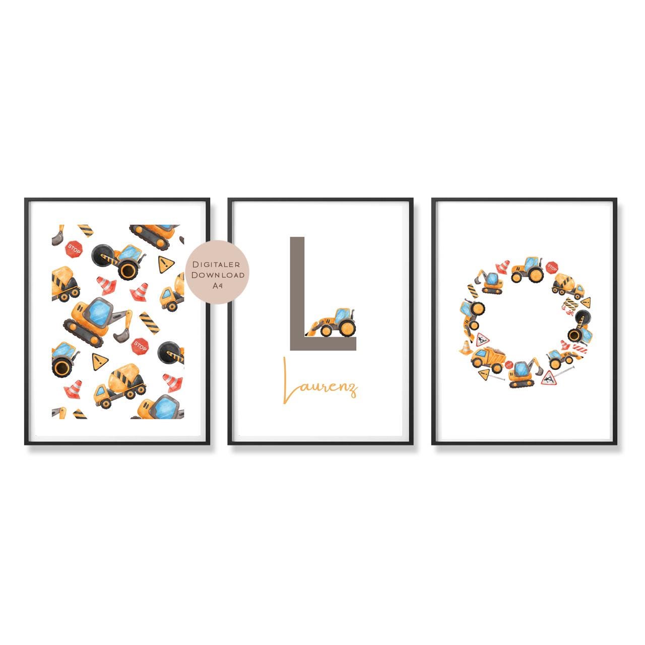 3er Set Poster Bild Bagger Traktor Baustelle Name personalisert Initial Geschenk Geburt Geburtstag Kinderzimmer PDF A4 zum Ausdrucken digita