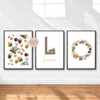 3er Set Poster Bild Bagger Traktor Baustelle Name personalisert Initial Geschenk Geburt Geburtstag Kinderzimmer PDF A4 zum Ausdrucken digita