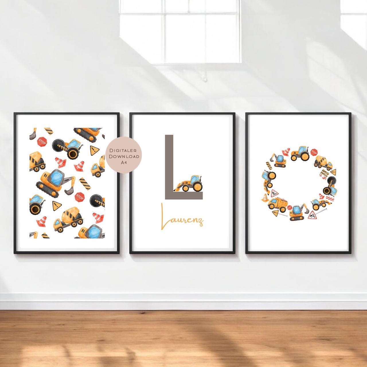 3er Set Poster Bild Bagger Traktor Baustelle Name personalisert Initial Geschenk Geburt Geburtstag Kinderzimmer PDF A4 zum Ausdrucken digita
