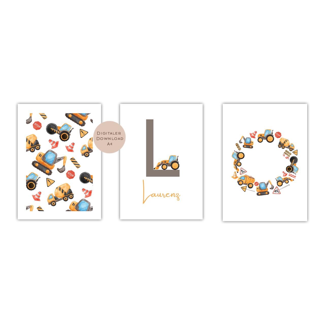 3er Set Poster Bild Bagger Traktor Baustelle Name personalisert Initial Geschenk Geburt Geburtstag Kinderzimmer PDF A4 zum Ausdrucken digita