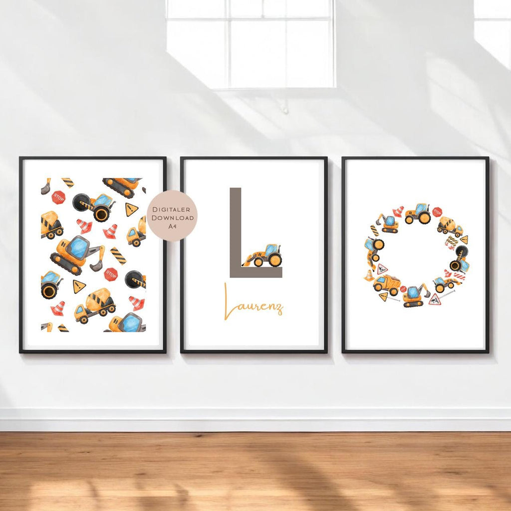 3er Set Poster Bild Bagger Traktor Baustelle Name personalisert Initial Geschenk Geburt Geburtstag Kinderzimmer PDF A4 zum Ausdrucken digita