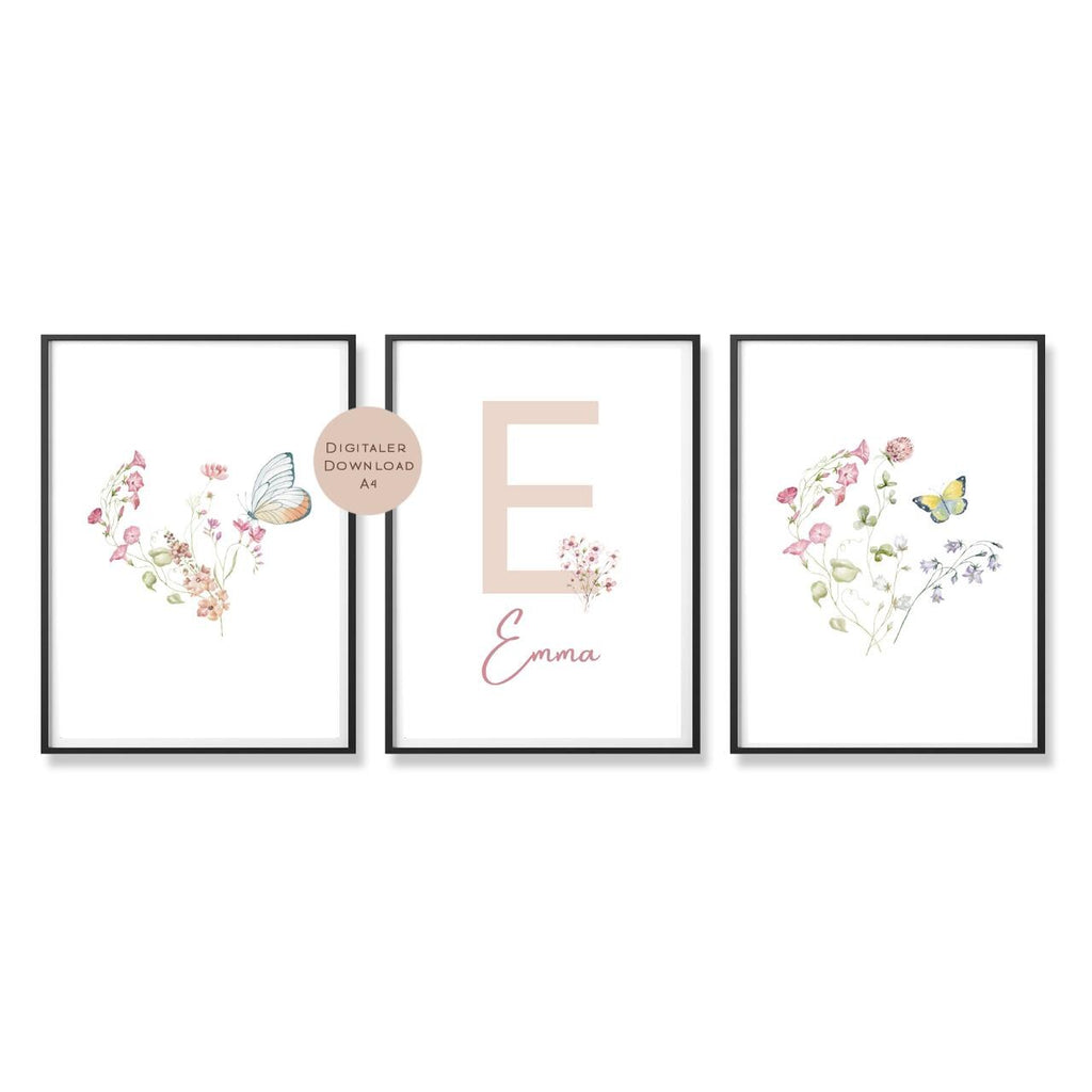 3er Set Poster Bild Schmetterling Wildblumen Name personalisert Geschenk Geburt Geburtstag Kinderzimmer PDF A4 zum Ausdrucken digital