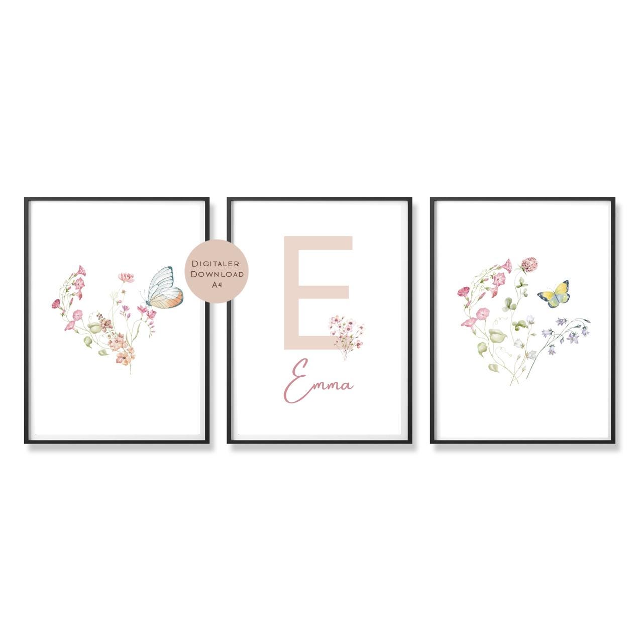 3er Set Poster Bild Schmetterling Wildblumen Name personalisert Geschenk Geburt Geburtstag Kinderzimmer PDF A4 zum Ausdrucken digital