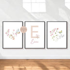 3er Set Poster Bild Schmetterling Wildblumen Name personalisert Geschenk Geburt Geburtstag Kinderzimmer PDF A4 zum Ausdrucken digital