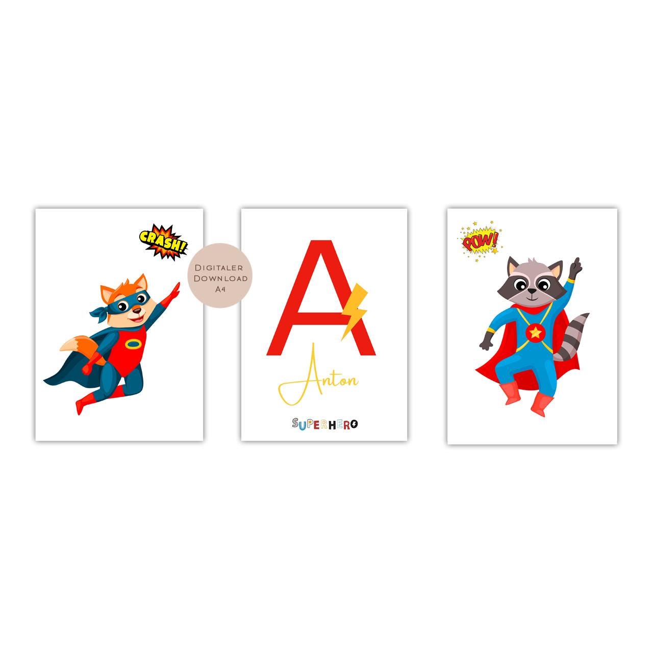 3er Set Poster Bild Superheld Junge Held Name personalisert Initial Geschenk Geburt Geburtstag Kinderzimmer PDF A4 zum Ausdrucken digital