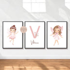 3er Set Poster Bild Fee Fairy Mädchen rosa Name personalisert Initial Geschenk Geburt Geburtstag Kinderzimmer PDF A4 zum Ausdrucken digital