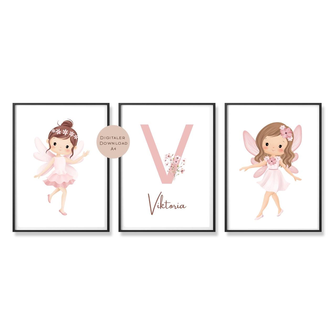 3er Set Poster Bild Fee Fairy Mädchen rosa Name personalisert Initial Geschenk Geburt Geburtstag Kinderzimmer PDF A4 zum Ausdrucken digital