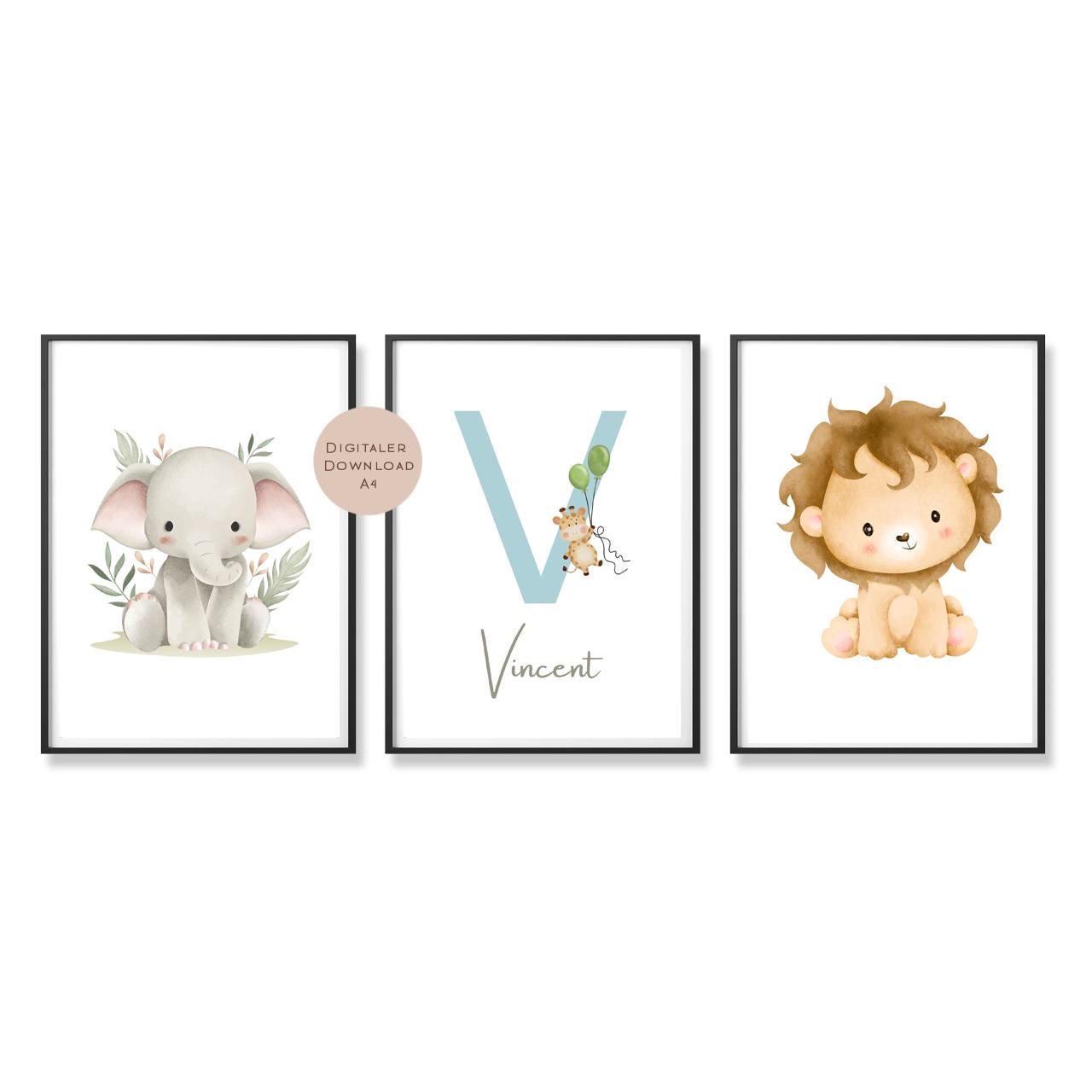 3er Set Poster Bild Tiere Elefant Löwe Giraffe Name personalisert Geschenk Geburt Geburtstag Kinderzimmer PDF A4 zum Ausdrucken digital