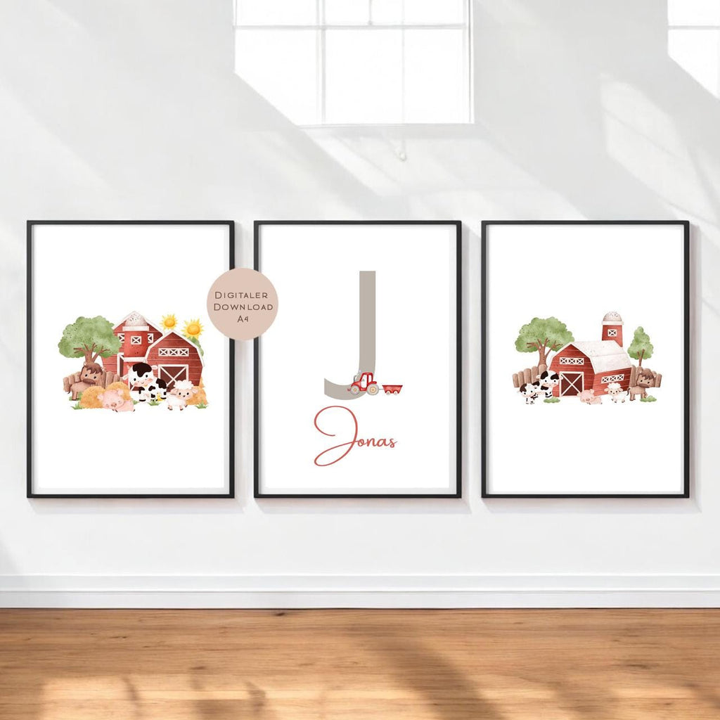 3er Set Poster Bild Tiere Bauernhof Traktor Name personalisert Geschenk Geburt Geburtstag Kinderzimmer PDF A4 zum Ausdrucken digital