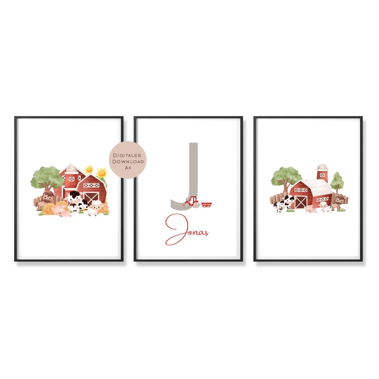 3er Set Poster Bild Tiere Bauernhof Traktor Name personalisert Geschenk Geburt Geburtstag Kinderzimmer PDF A4 zum Ausdrucken digital