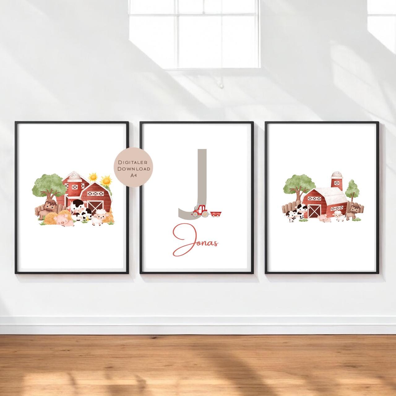 3er Set Poster Bild Tiere Bauernhof Traktor Name personalisert Geschenk Geburt Geburtstag Kinderzimmer PDF A4 zum Ausdrucken digital
