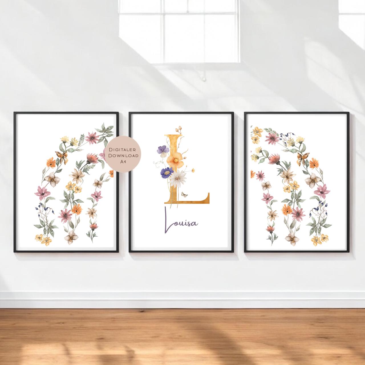 3er Set Poster Bild Regenbogen Blumen Wildblumen Name personalisert Geschenk Geburt Geburtstag Kinderzimmer PDF A4 zum Ausdrucken digital