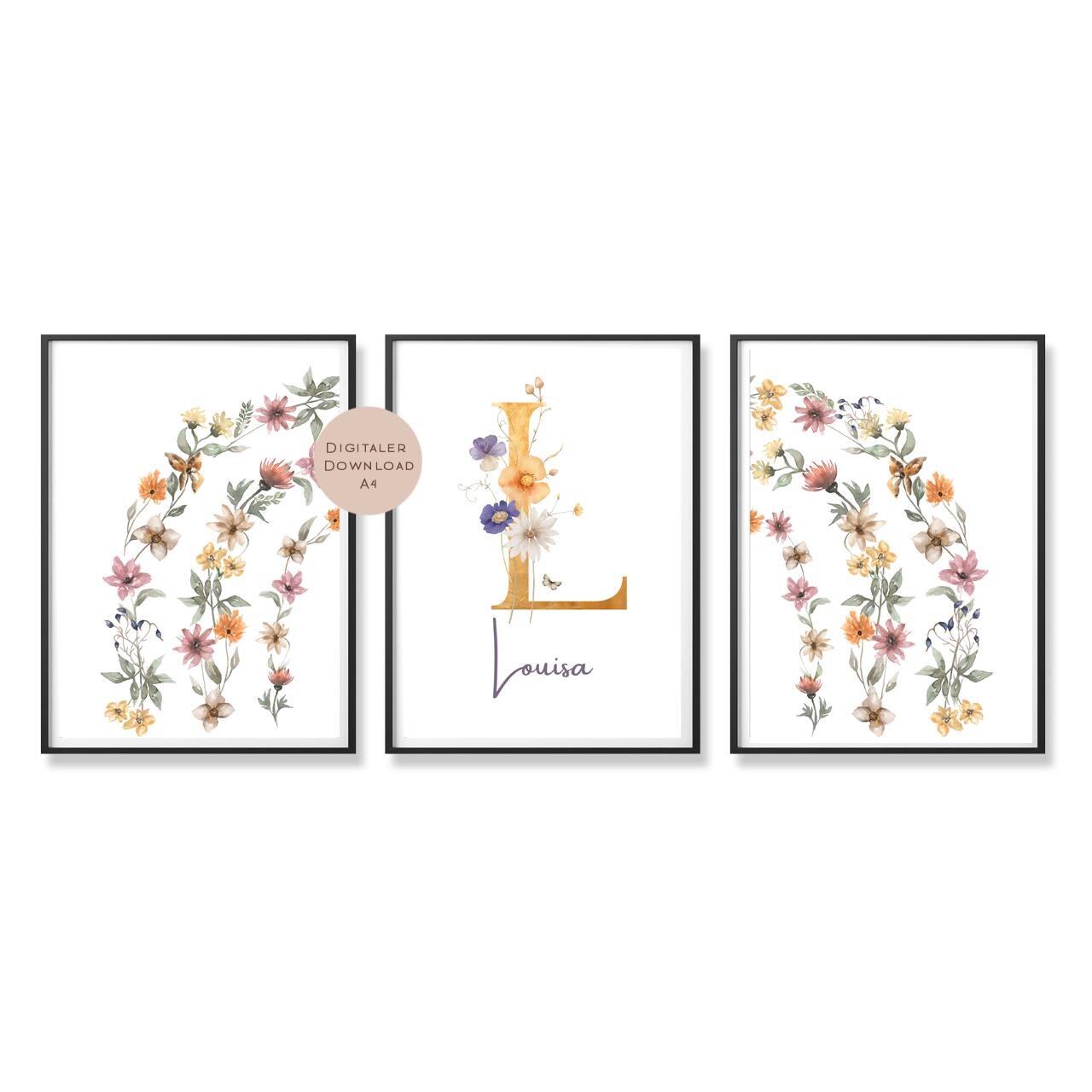 3er Set Poster Bild Regenbogen Blumen Wildblumen Name personalisert Geschenk Geburt Geburtstag Kinderzimmer PDF A4 zum Ausdrucken digital