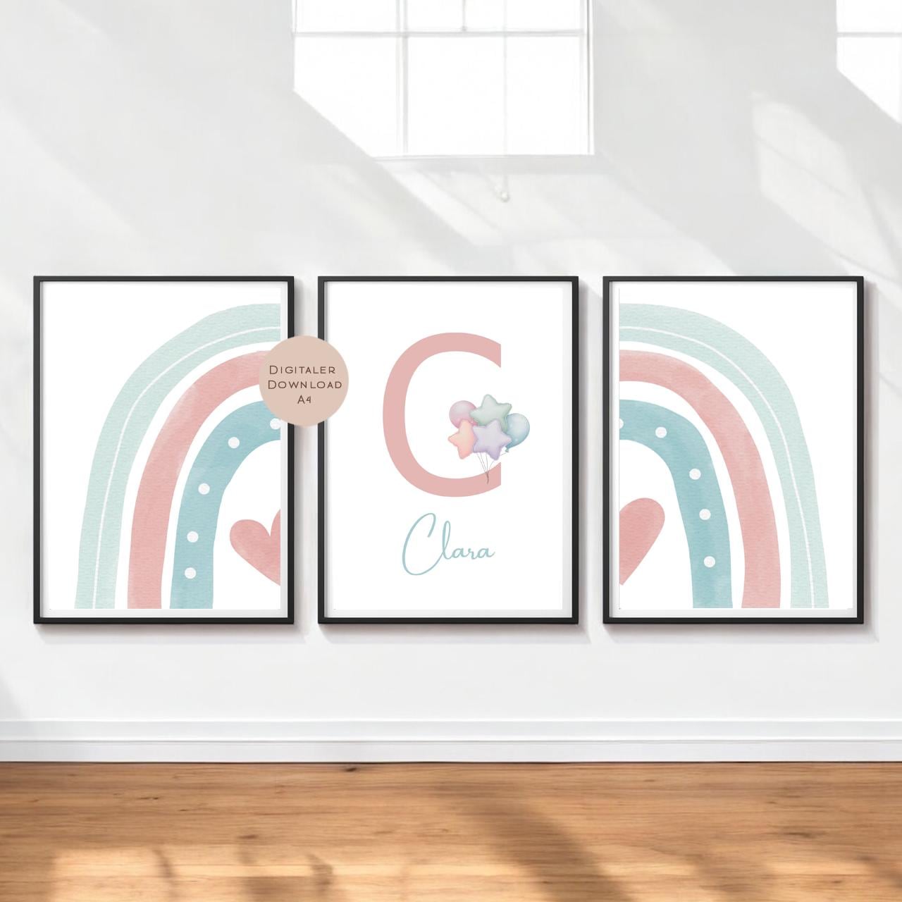 3er Set Poster Bild Regenbogen Herz pastell rosa mint Name personalisert Geschenk Geburt Geburtstag Kinderzimmer PDF A4 zum Ausdrucken digit