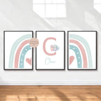 3er Set Poster Bild Regenbogen Herz pastell rosa mint Name personalisert Geschenk Geburt Geburtstag Kinderzimmer PDF A4 zum Ausdrucken digit