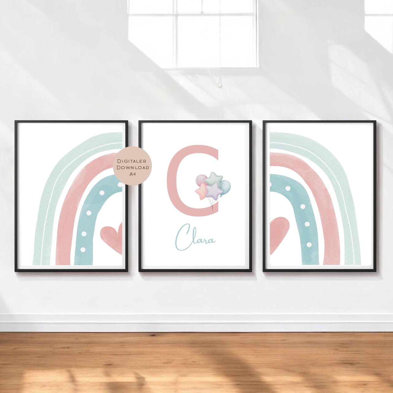 3er Set Poster Bild Regenbogen Herz pastell rosa mint Name personalisert Geschenk Geburt Geburtstag Kinderzimmer PDF A4 zum Ausdrucken digit