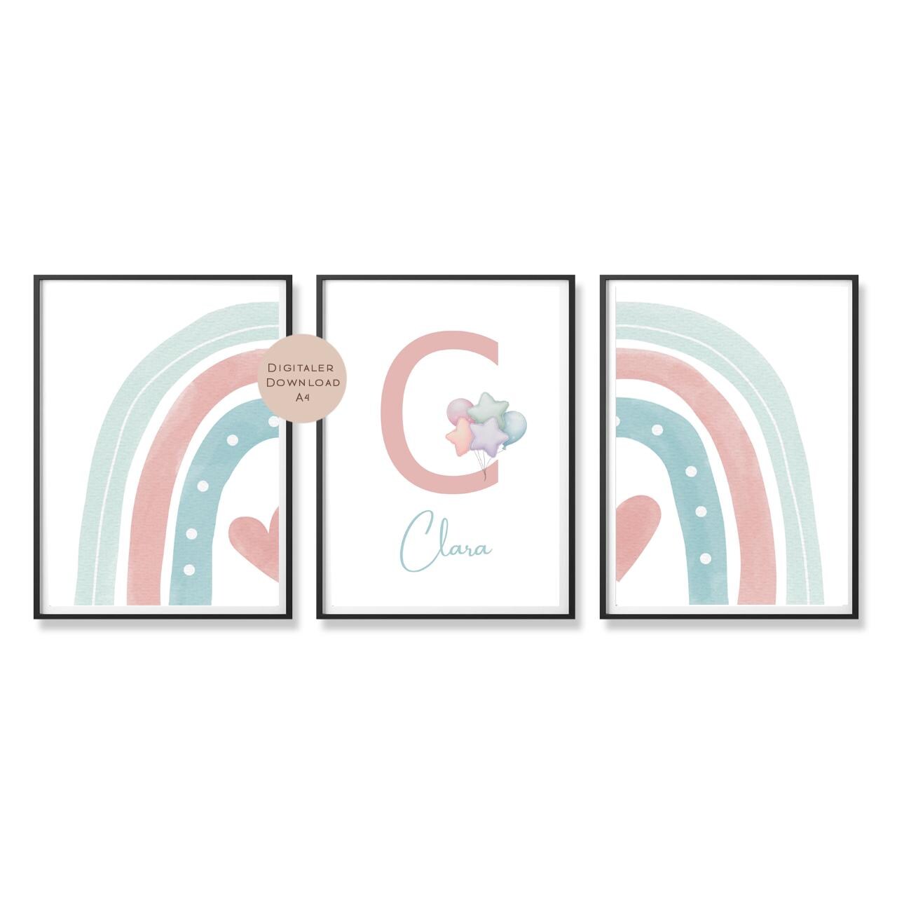3er Set Poster Bild Regenbogen Herz pastell rosa mint Name personalisert Geschenk Geburt Geburtstag Kinderzimmer PDF A4 zum Ausdrucken digit