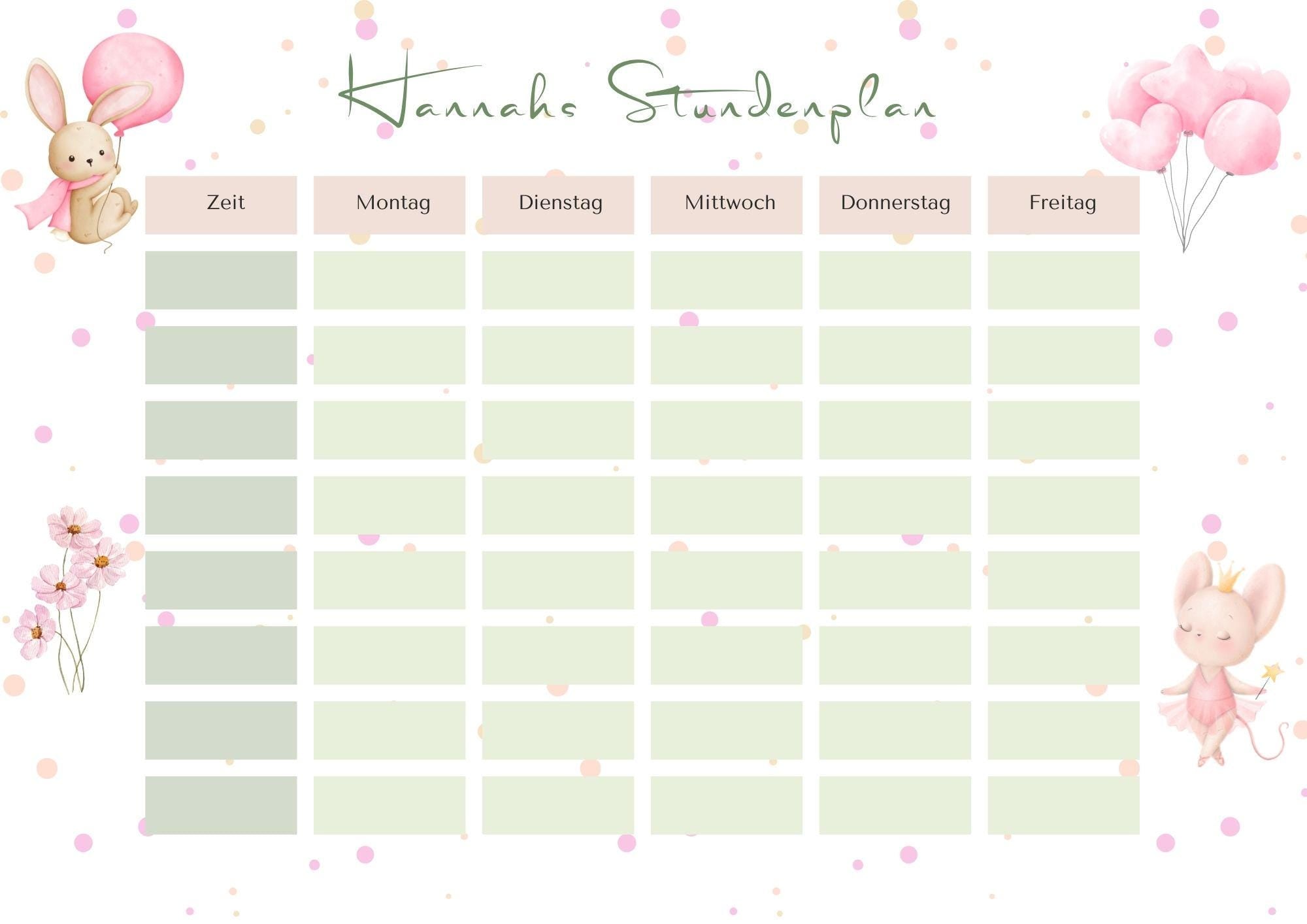 Stundenplan mit Name personalisiert Hase Maus pastell Geschenk Einschulung Schultüte Schulkind 2026 | PDF in A4 zum Ausdrucken digital