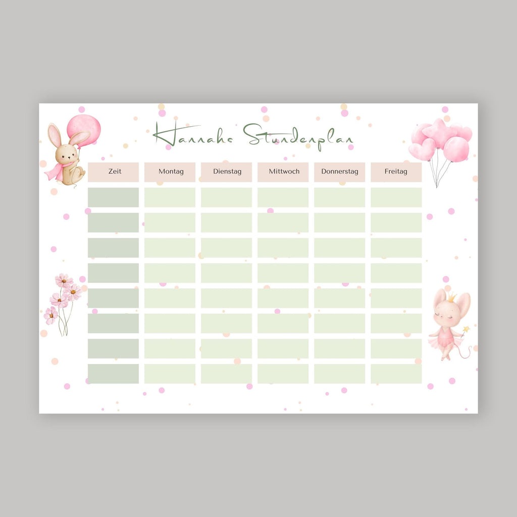 Stundenplan mit Name personalisiert Hase Maus pastell Geschenk Einschulung Schultüte Schulkind 2026 | PDF in A4 zum Ausdrucken digital