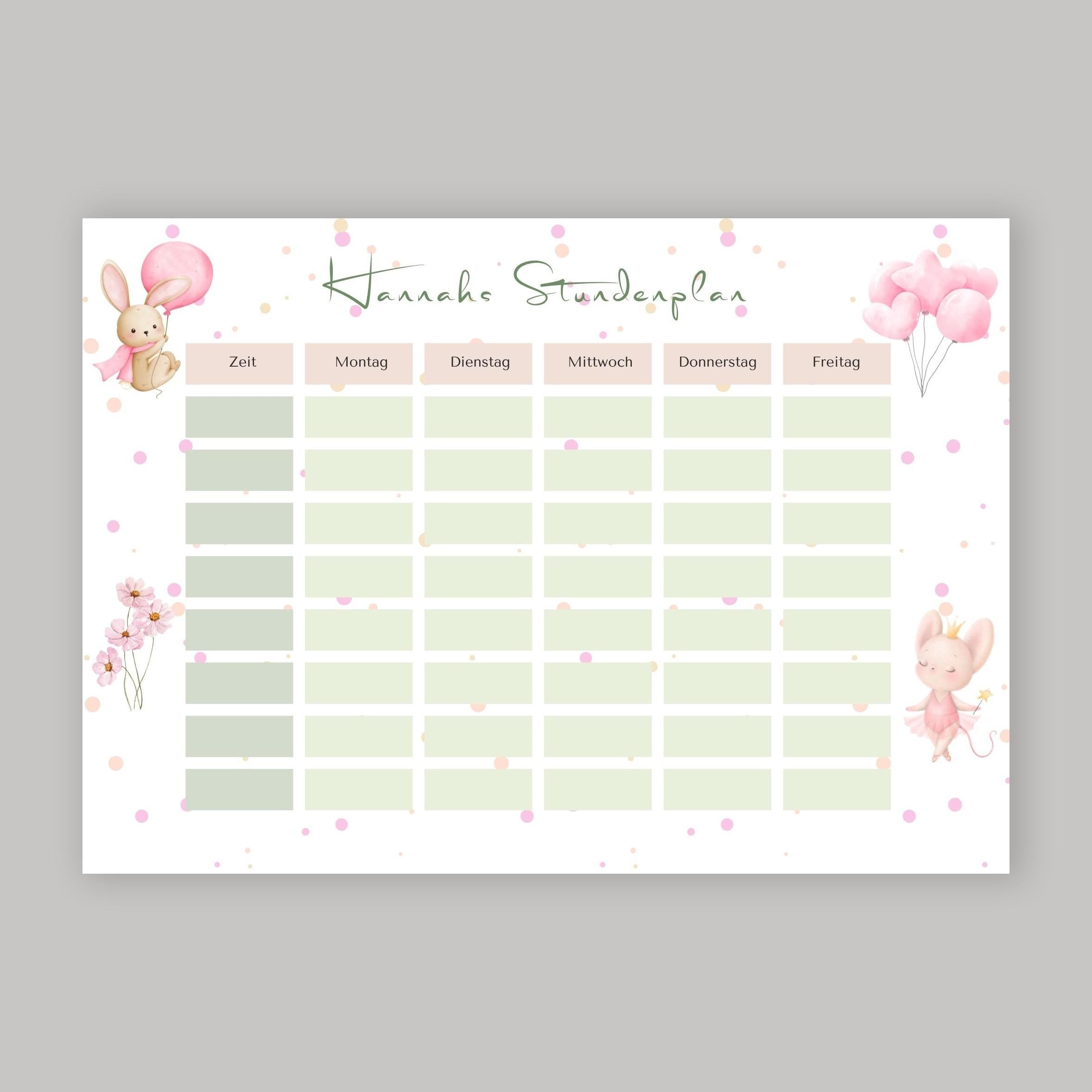Stundenplan mit Name personalisiert Hase Maus pastell Geschenk Einschulung Schultüte Schulkind 2026 | PDF in A4 zum Ausdrucken digital