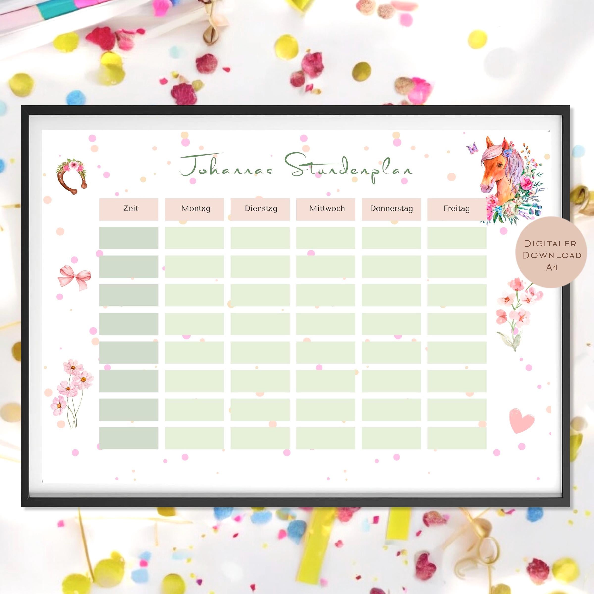 Stundenplan mit Name personalisiert Pferd pastell Geschenk Einschulung Schultüte Schulkind 2026 | PDF in A4 zum Ausdrucken digital