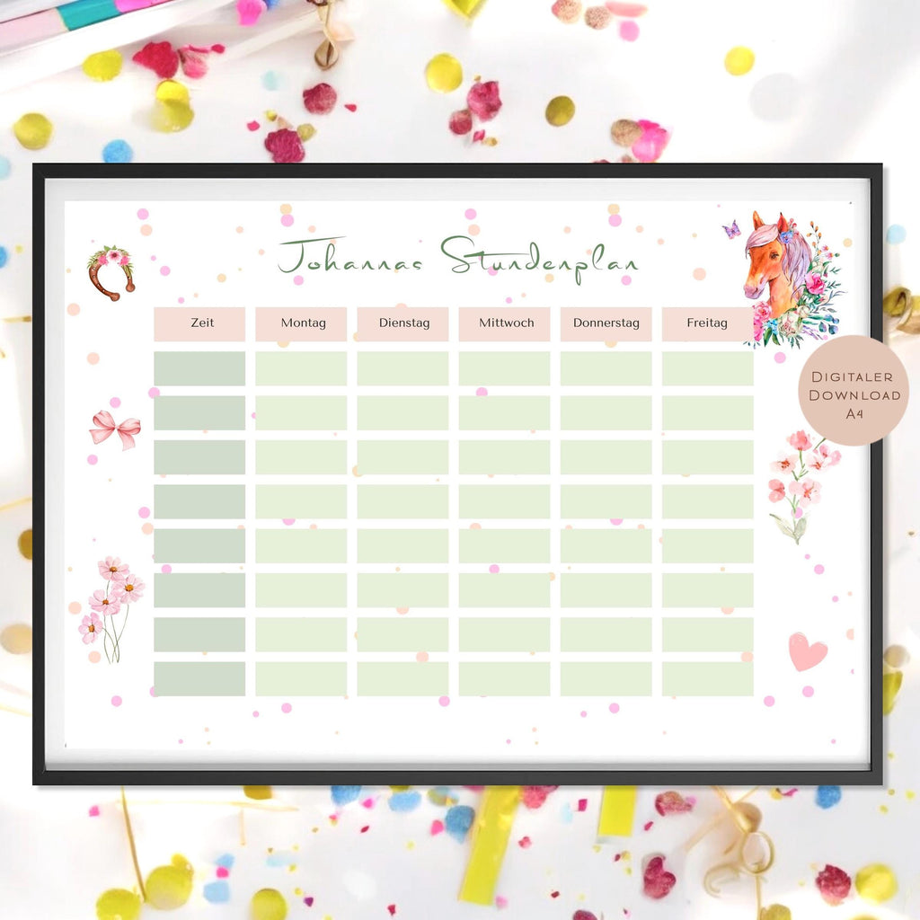 Stundenplan mit Name personalisiert Pferd pastell Geschenk Einschulung Schultüte Schulkind 2026 | PDF in A4 zum Ausdrucken digital