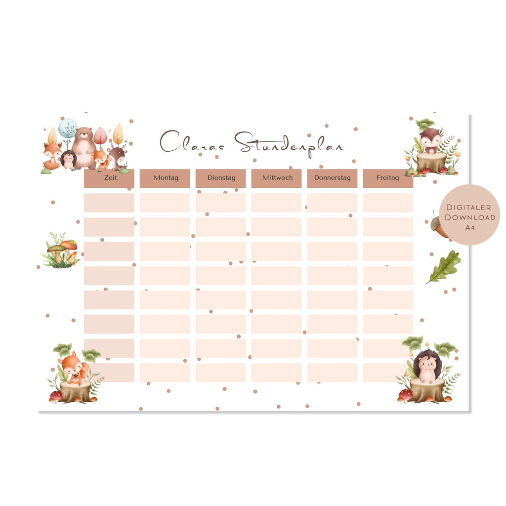 Stundenplan mit Name personalisiert Waldtiere Reh Fuchs Igel Geschenk Einschulung Schultüte Schulkind 2026 PDF in A4 zum Ausdrucken digital