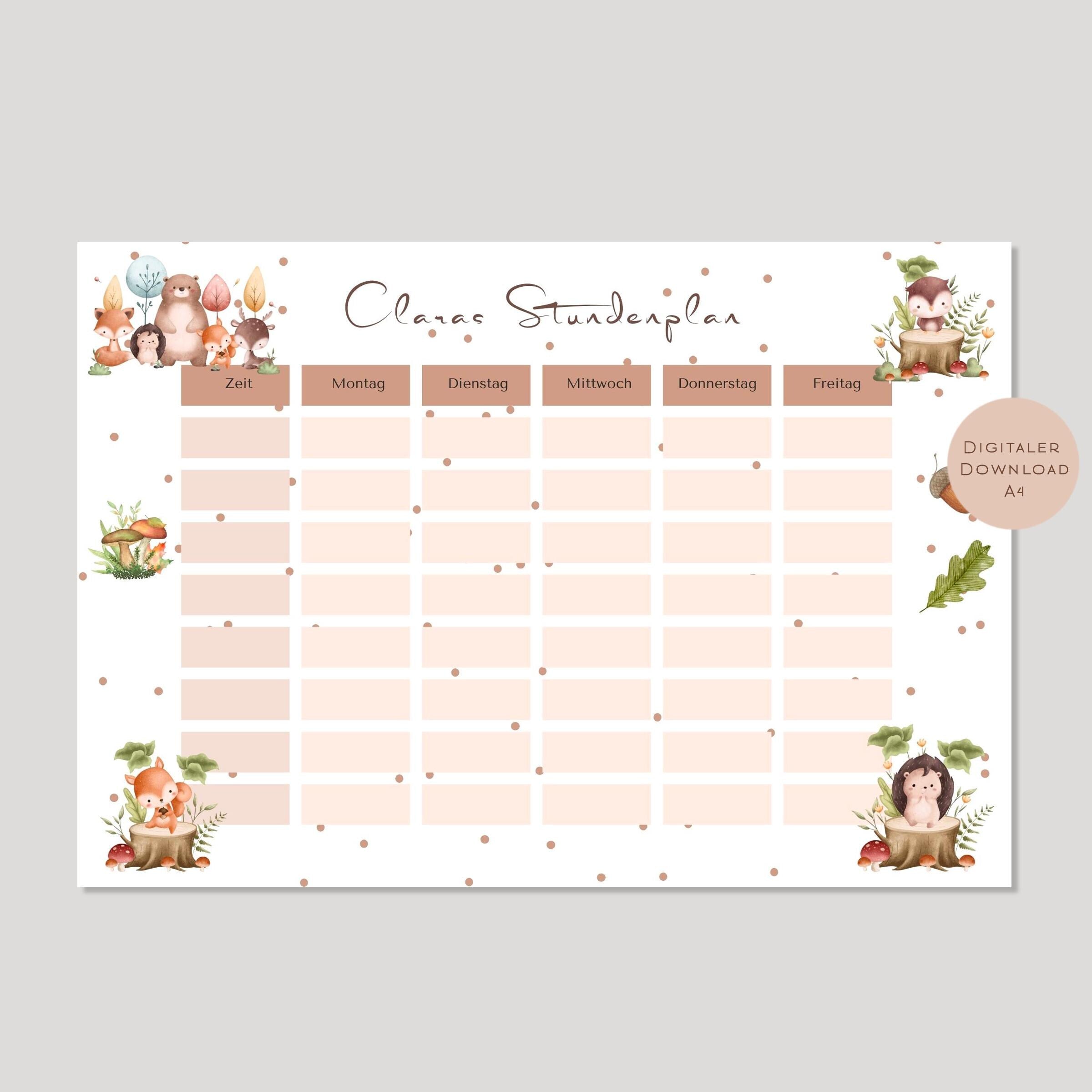 Stundenplan mit Name personalisiert Waldtiere Reh Fuchs Igel Geschenk Einschulung Schultüte Schulkind 2026 PDF in A4 zum Ausdrucken digital