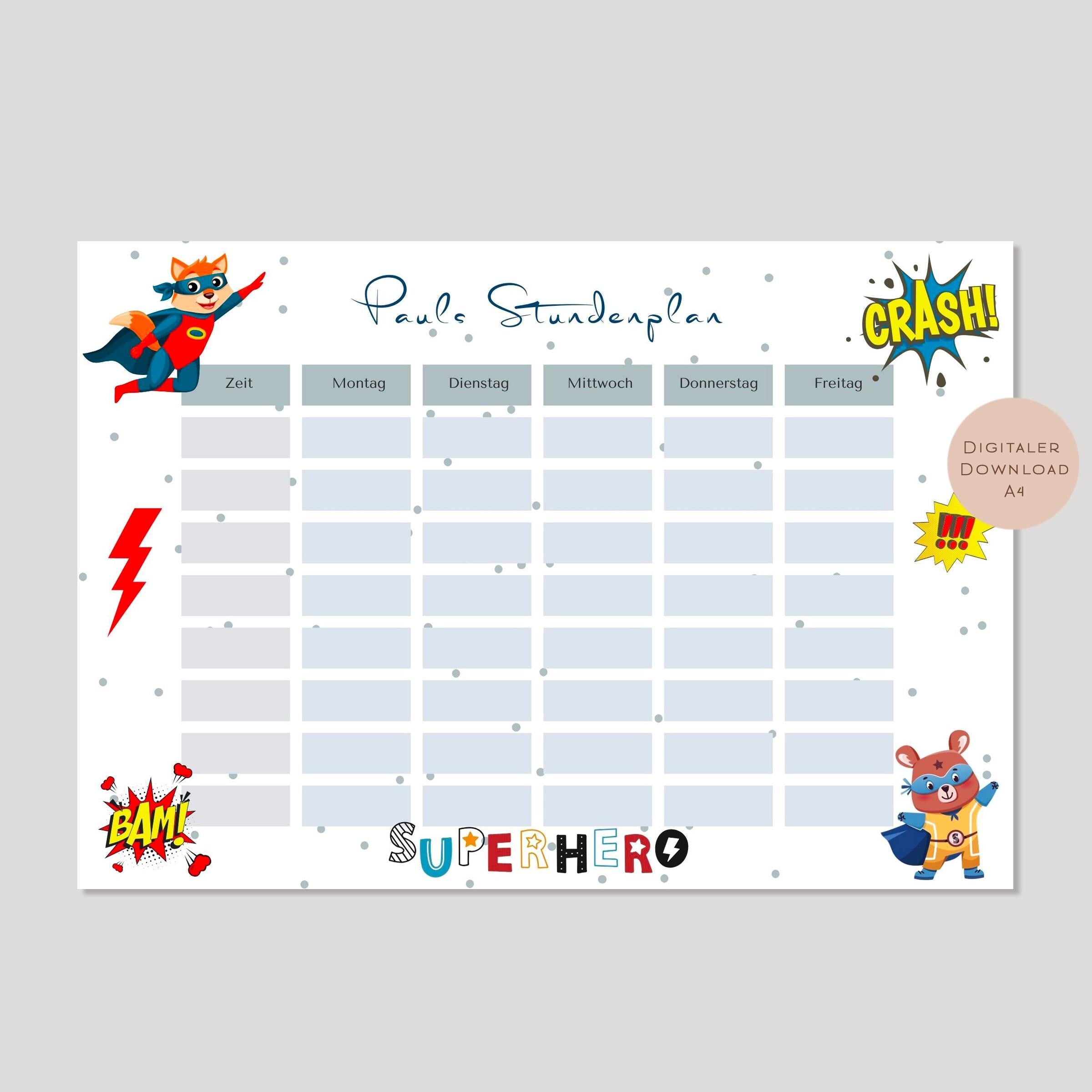 Stundenplan mit Name personalisiert Superheld Junge Geschenk Einschulung Schultüte Schulkind 2026 PDF in A4 zum Ausdrucken digital