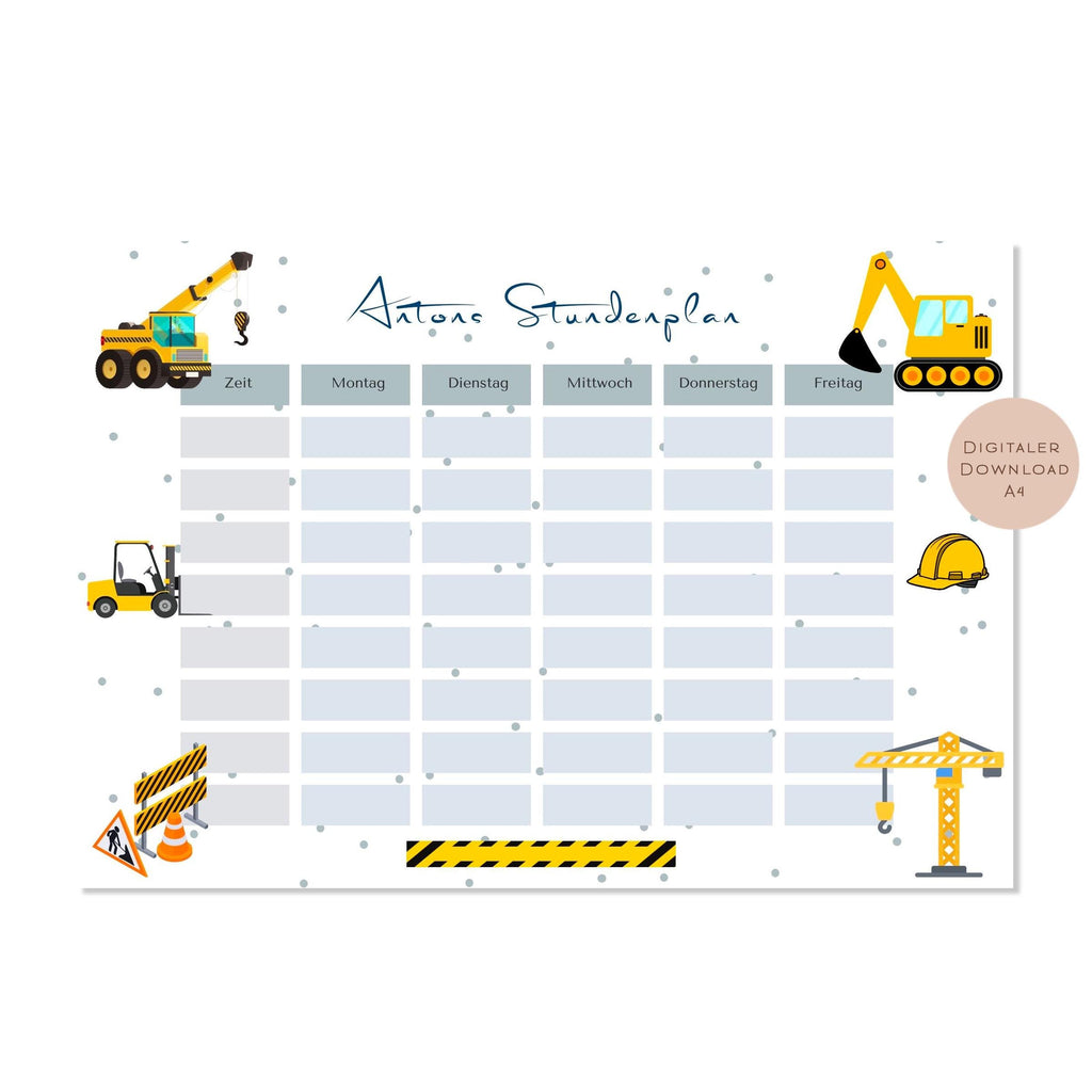 Stundenplan mit Name personalisiert Baustelle Bagger Junge Geschenk Einschulung Schultüte Schulkind 2026 PDF in A4 zum Ausdrucken digital