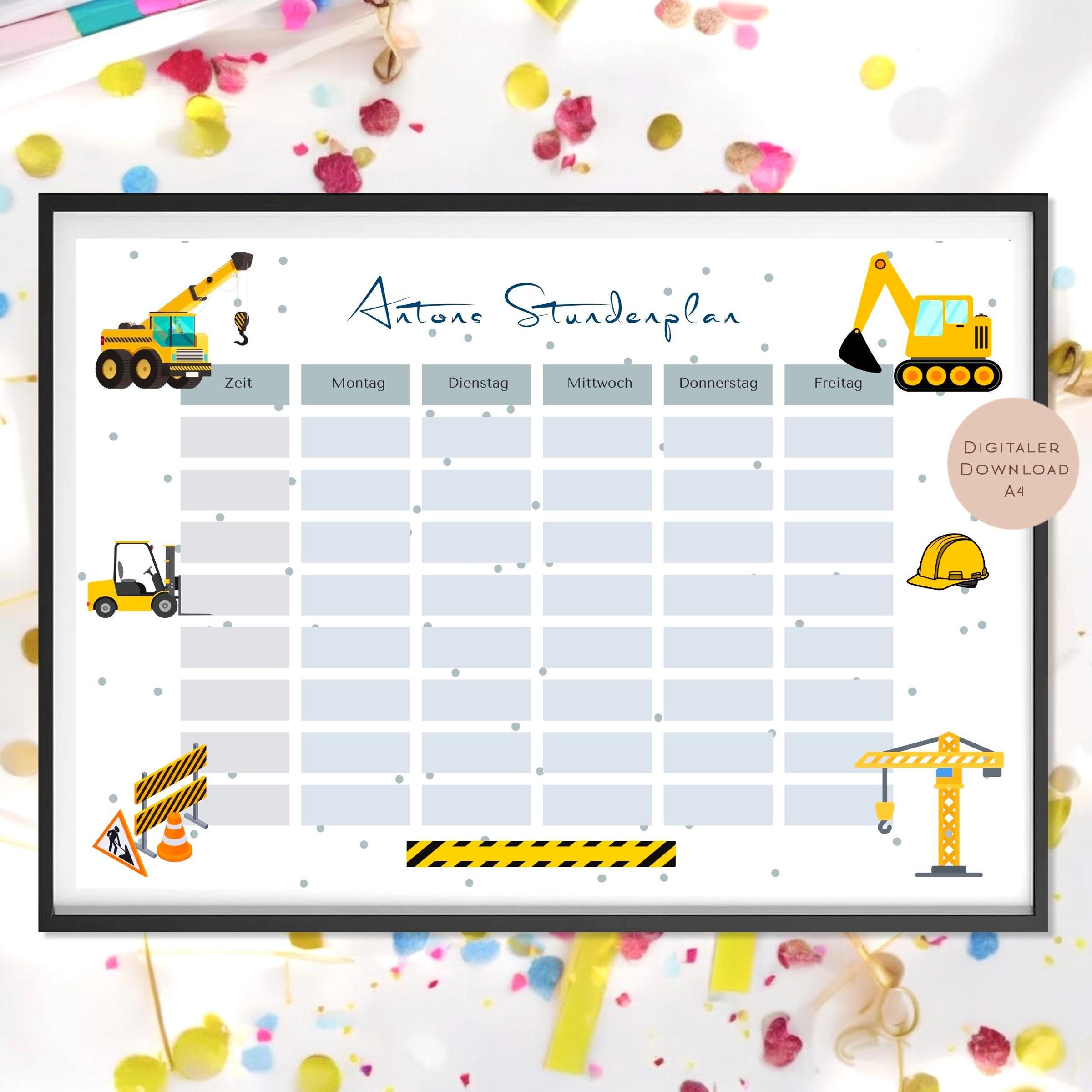 Stundenplan mit Name personalisiert Baustelle Bagger Junge Geschenk Einschulung Schultüte Schulkind 2026 PDF in A4 zum Ausdrucken digital