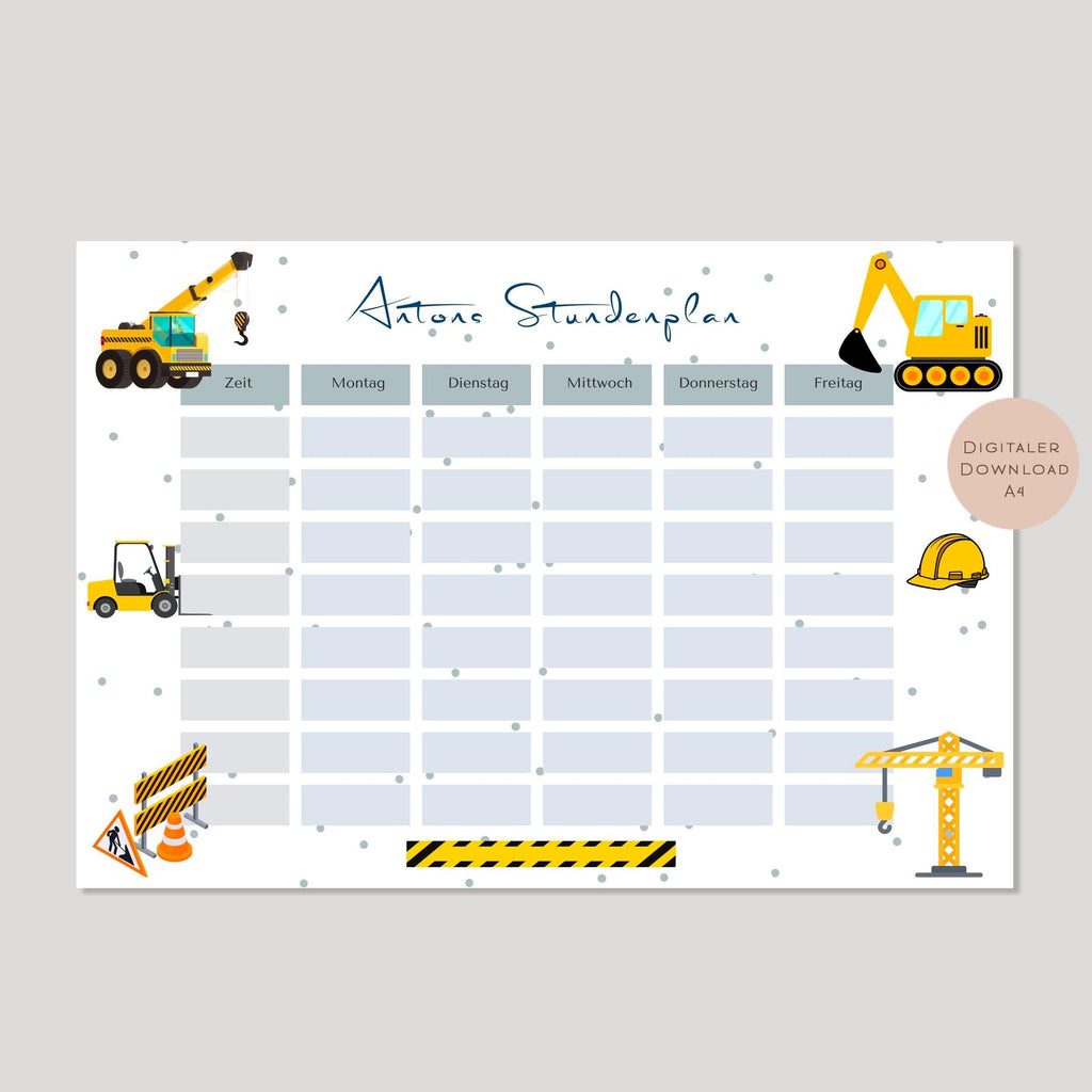 Stundenplan mit Name personalisiert Baustelle Bagger Junge Geschenk Einschulung Schultüte Schulkind 2026 PDF in A4 zum Ausdrucken digital